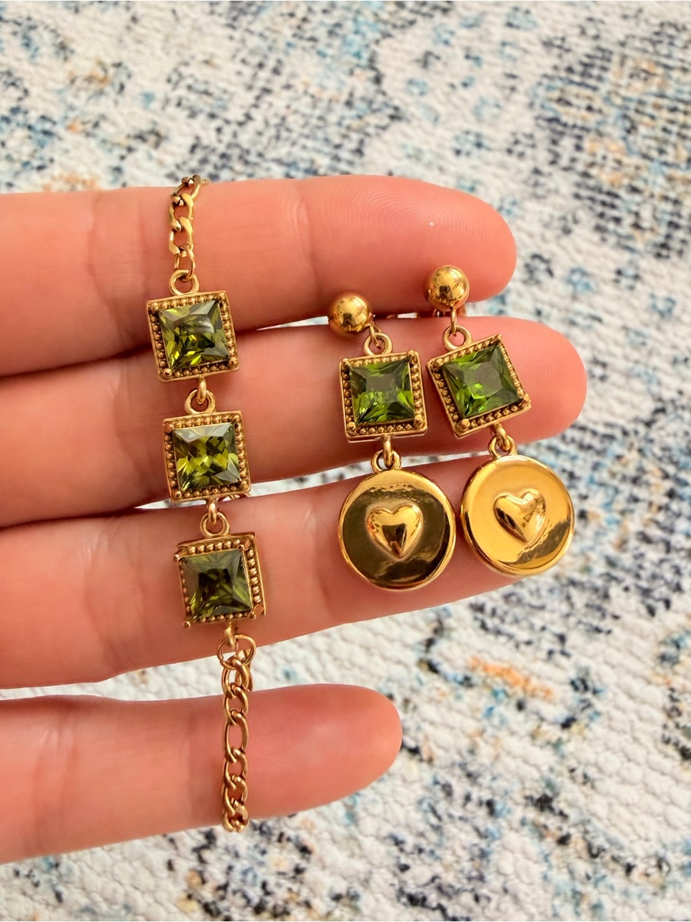 Gold-Tone Green Crystal Drop Heart Earrings and Bracelet SET - Picture 2 of 8